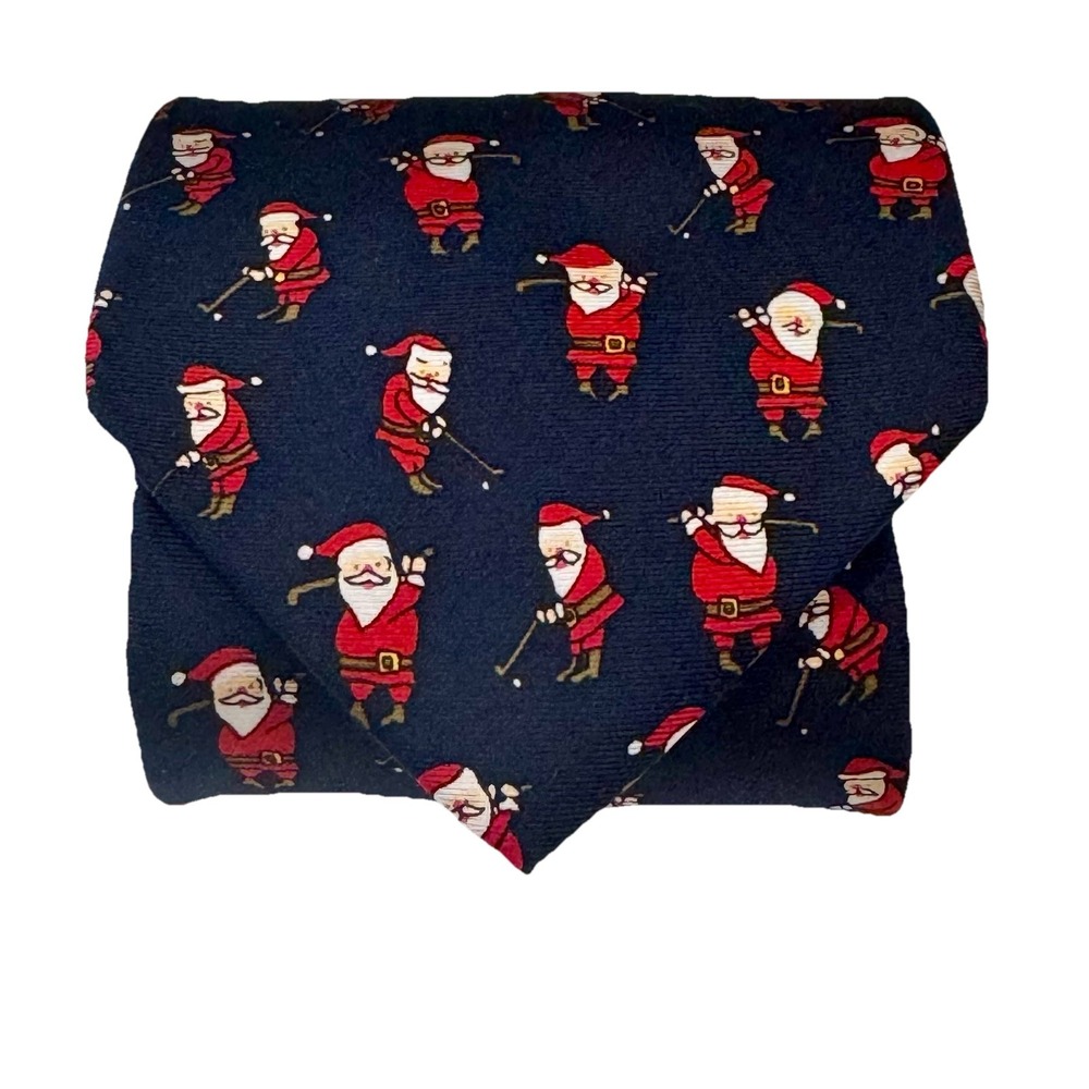 Alynn Neckwear‎ Silk Golfing Santa Tie Blue Red Holiday Christmas Party Office